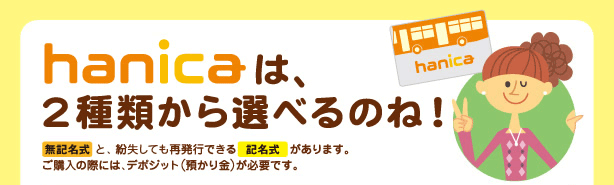 hanicaは、2種類から選べるのね！無記名式と、紛失しても再発行できる記名式があります。ご購入の際には、デポジット（預かり金）が必要です。